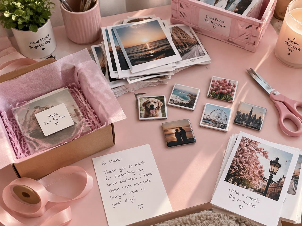 Mesa com fotos impressas e ímãs sendo preparados com carinho