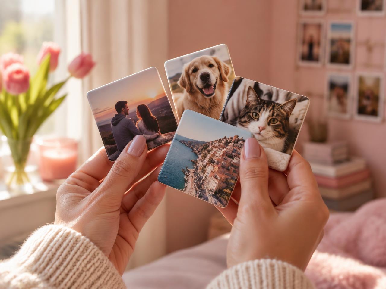 Mãos segurando ímãs com fotos de casal, pet e viagem